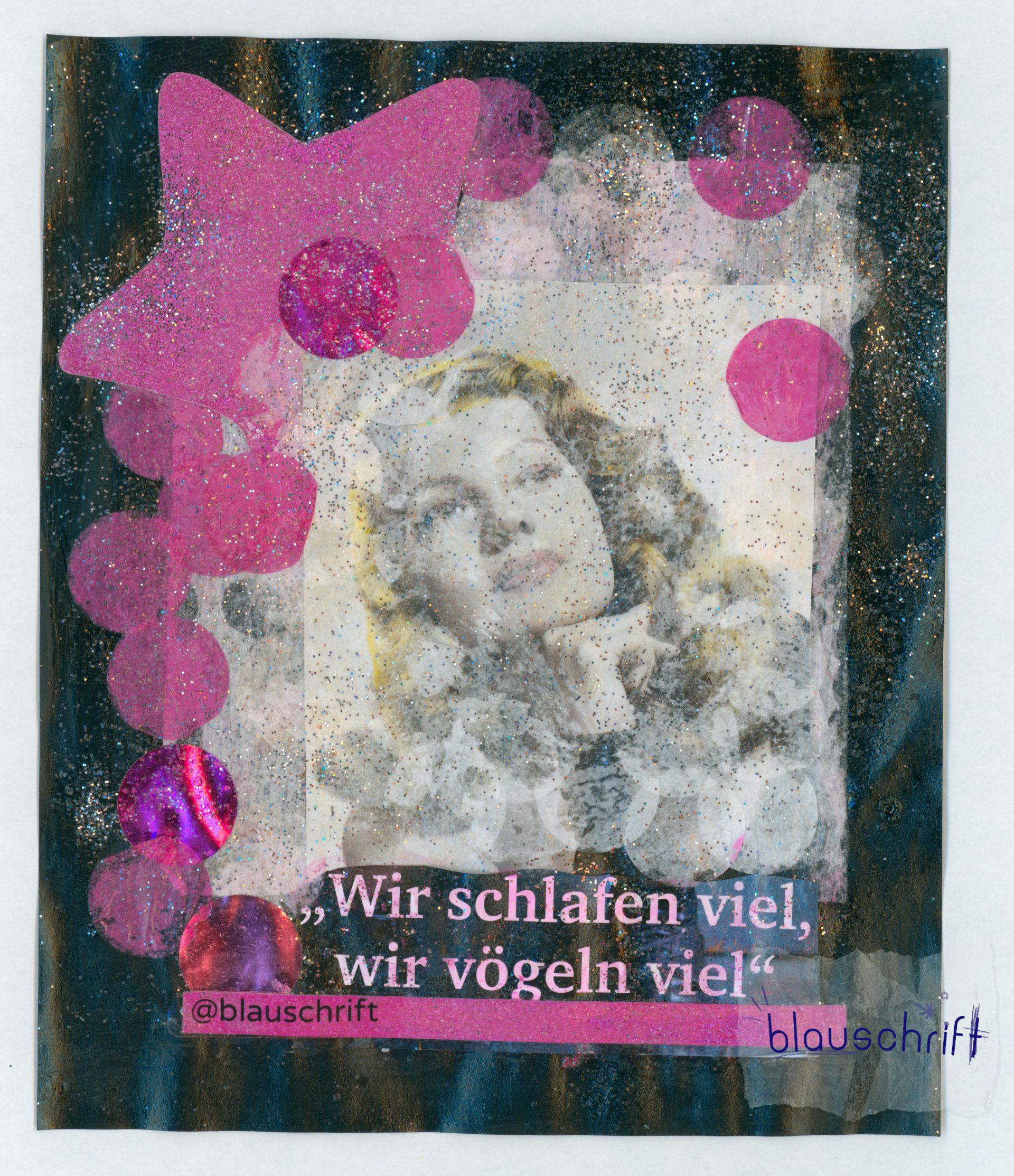 Collage: sehr altes Bild einer träumerisch guckenden Frau, alles mit Konfetti, pinken Sternen und viel Glitzer dekoriert.