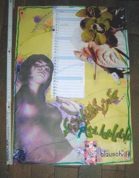 Großes gelbes Blatt, dekoriert mit selbstgemalten Schriftzug, Bild dunkler Blumen und Bild einer jungen Person mit durchsichtigem Top + Brüsten.