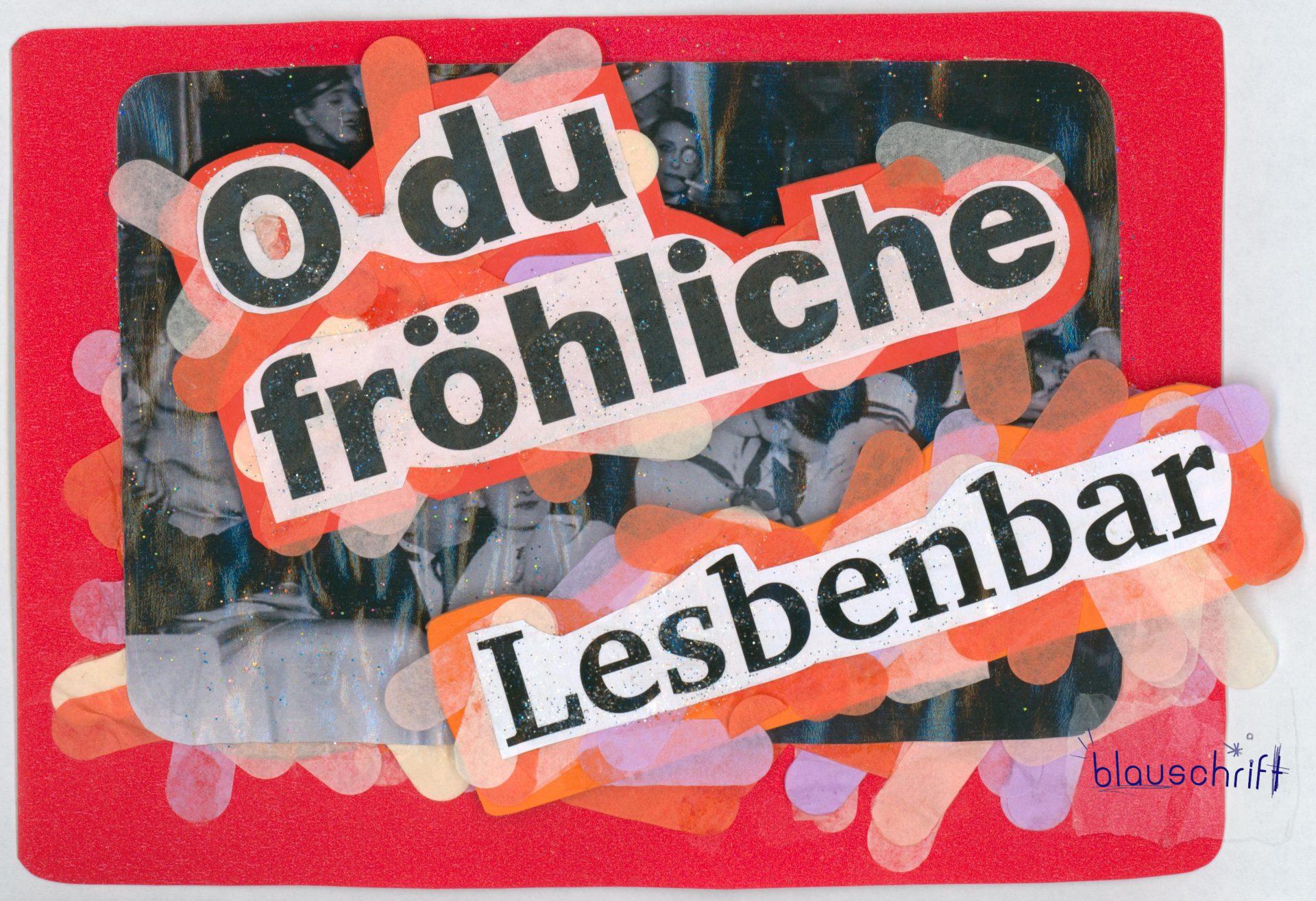 im Hintergrund ein Schwarzbild einer queeren Party dees frühen 20. Jahrhunderts. Darüber mit Konfetti gelegte Schrift. De Party bleibt im Verborgenenen.